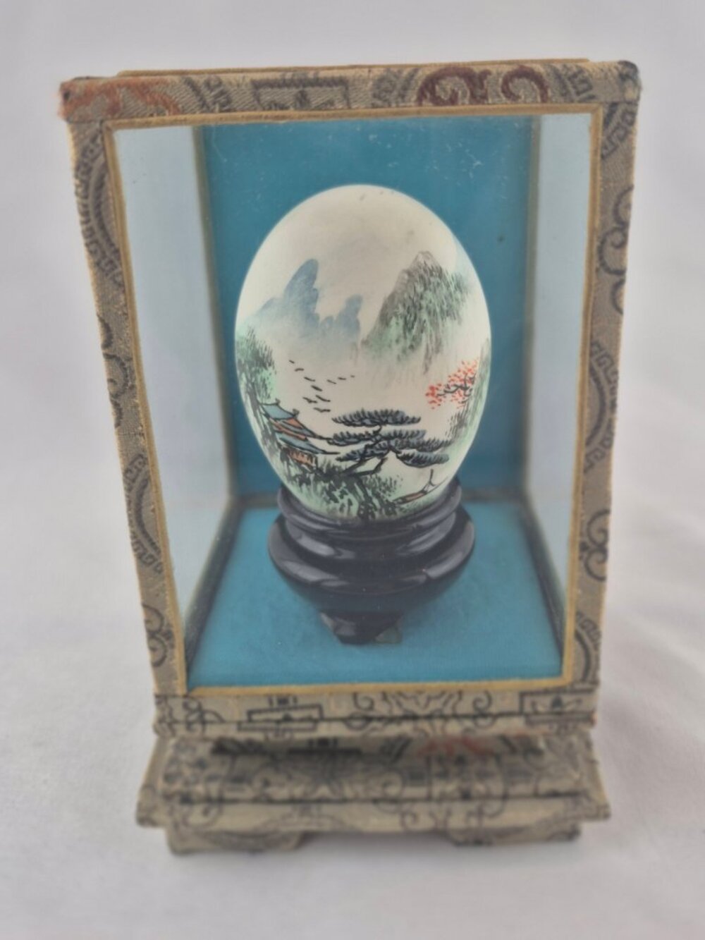 Vintage Chinese Hand-Painted Egg Mountain and Village Landscape Glass Case